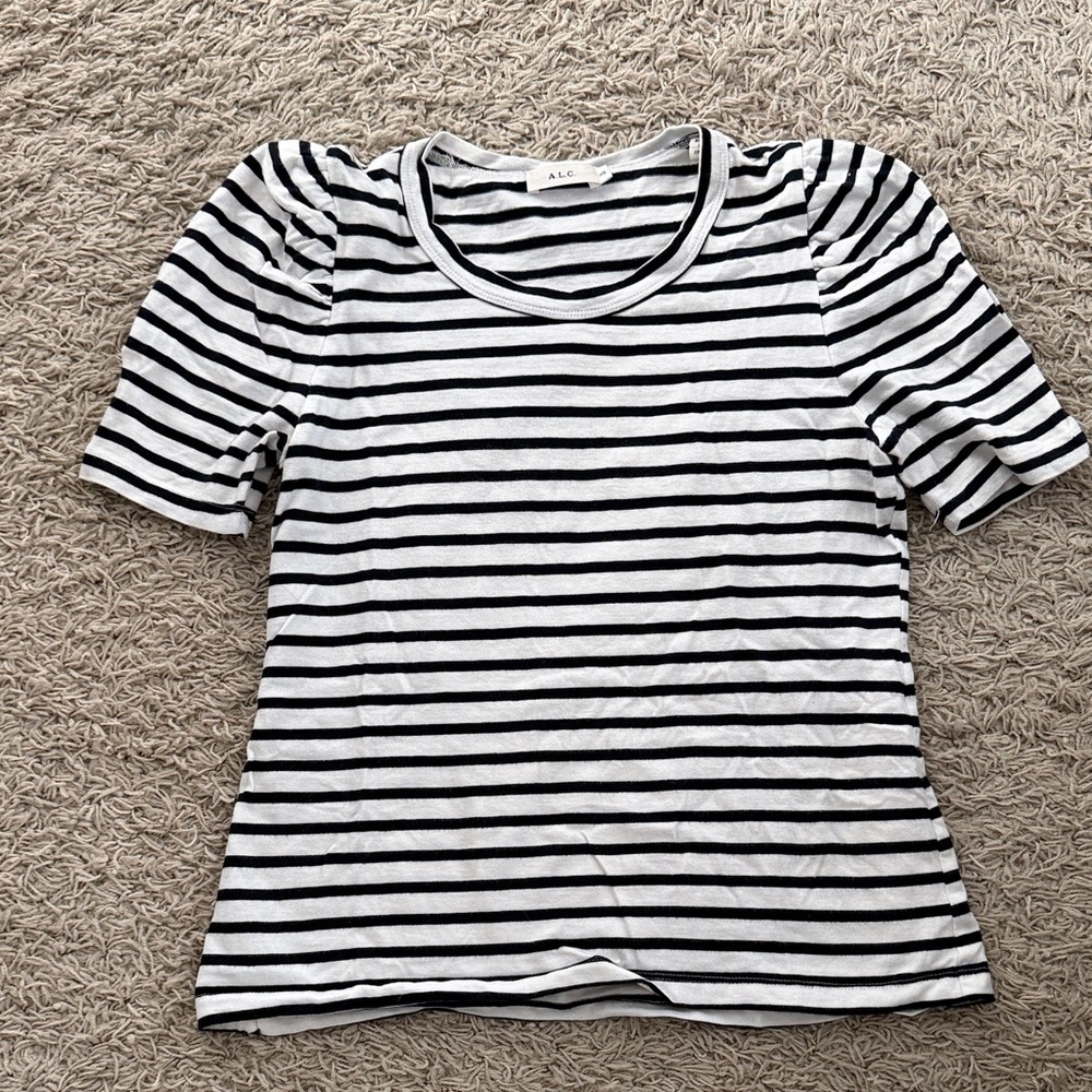 A.L.C. Navy White Striped Short Puff Sleeve Top